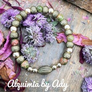 Gold statement bohemian unakite bracelet